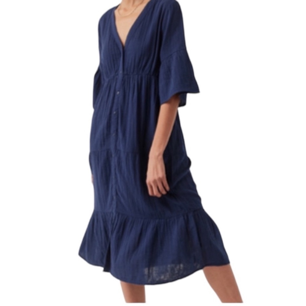 PACT Dress Womens Size M Blue Coastal Midi Dress Organic Cotton Tiered Pockets